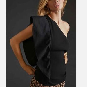 NWT Anthropologie Ruffle Ribbed One Shoulder Black Top Size M